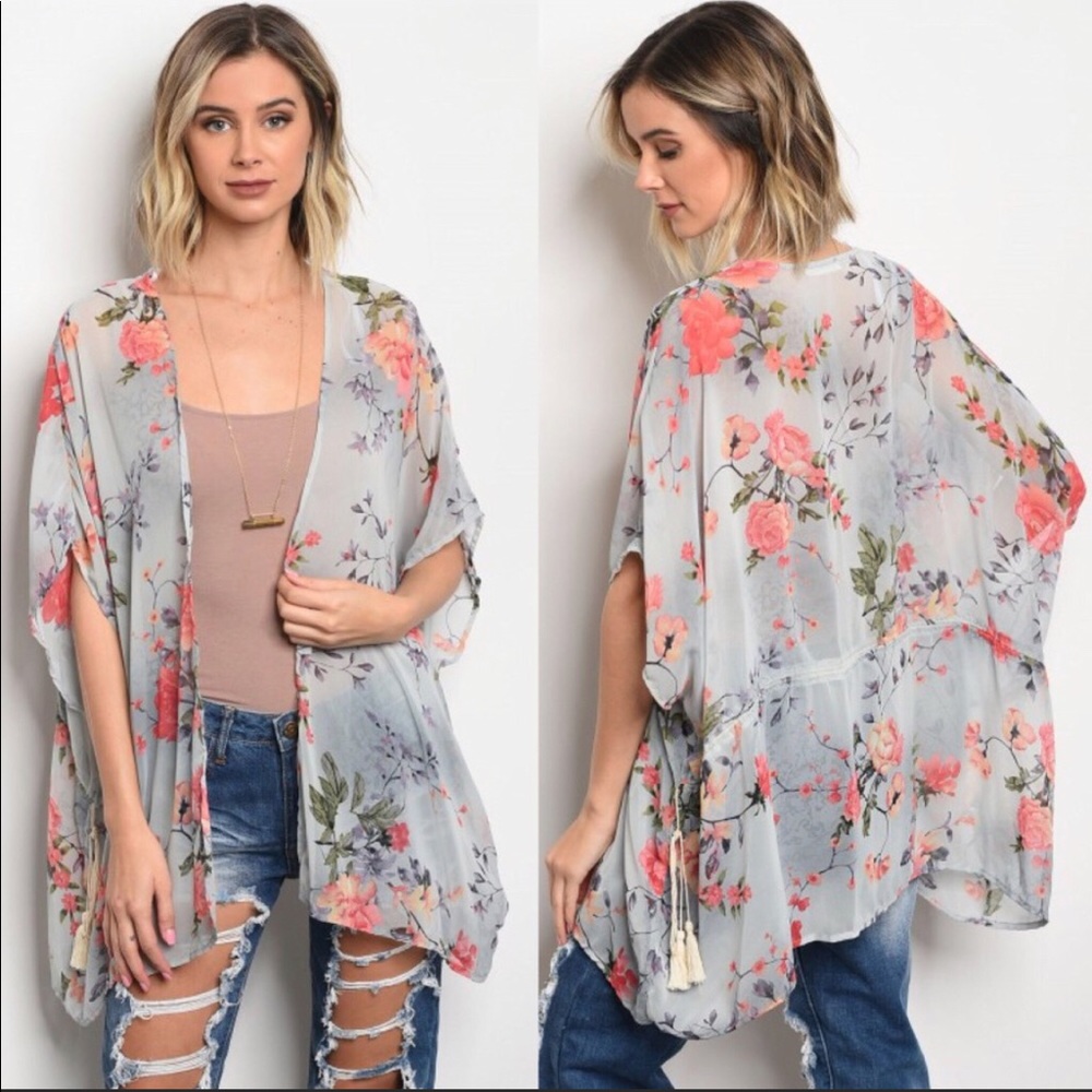 Floral Sheer Kimono Cardigan - Gray with Coral Floral